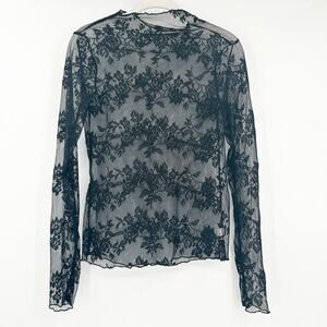 Womens Whimsigoth See Through Sheer‎ Floral Lace Long Sleeve Top Size M Black